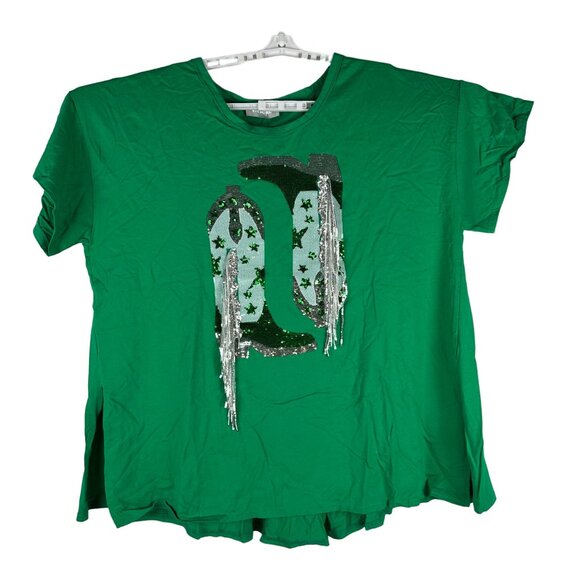 Blue B. Sequin Cowgirl Boot Graphic Tee Kelly Green Size Large - Picture 2 of 7